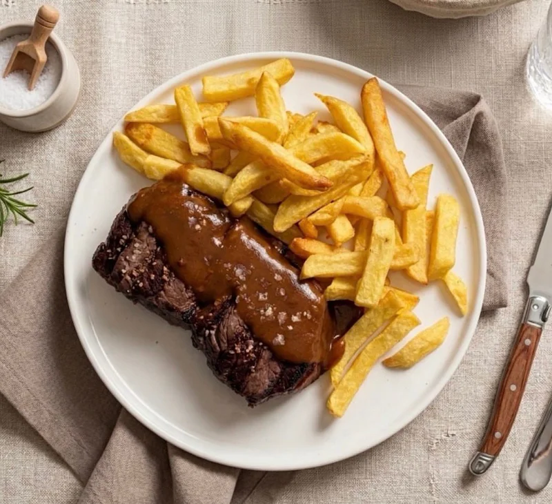 Carne a la plancha con salsa y patatas fritas